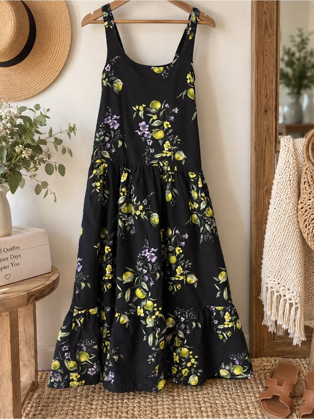 Time and Tru Navy Lemon Floral Tiered Maxi Dress Size L NWT